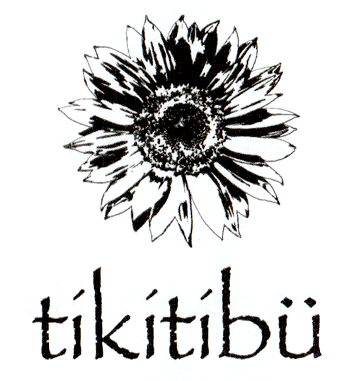 A black and white image of a flower with the word tikiti bü underneath it.